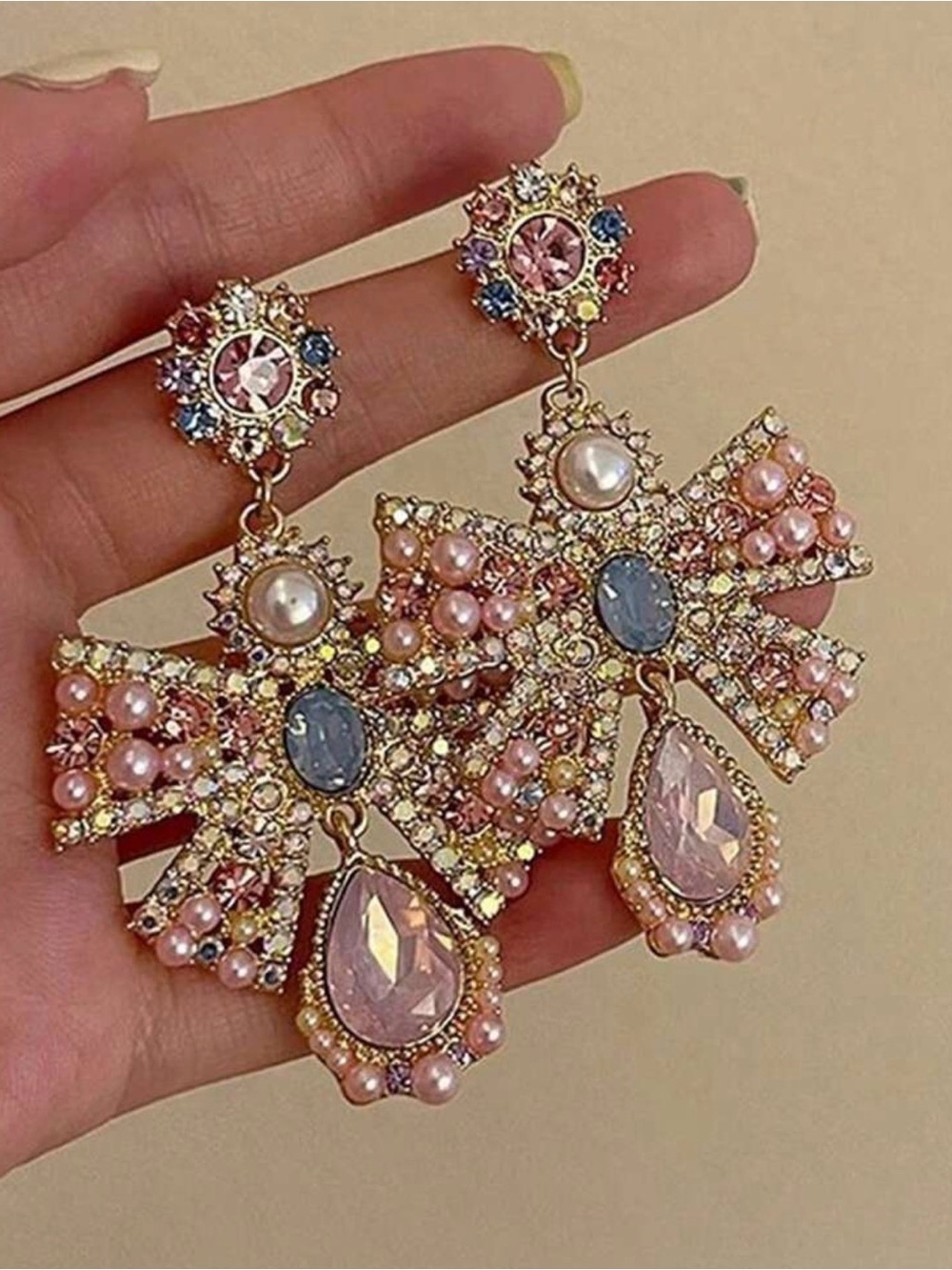 Elegant Pink Pearl Bow Drop Earrings - Gold Tone